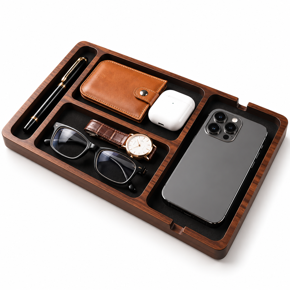 Wooden Desk Organizer Tray – Multi-Compartment Storage for Phone, Watch & Accessories
