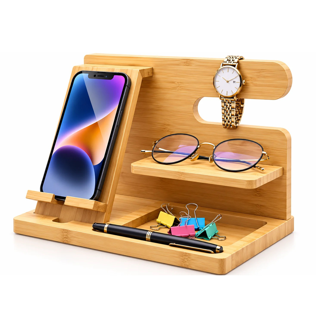Multifunctional Wooden Desk Organizer – Phone Stand & Accessories Holder